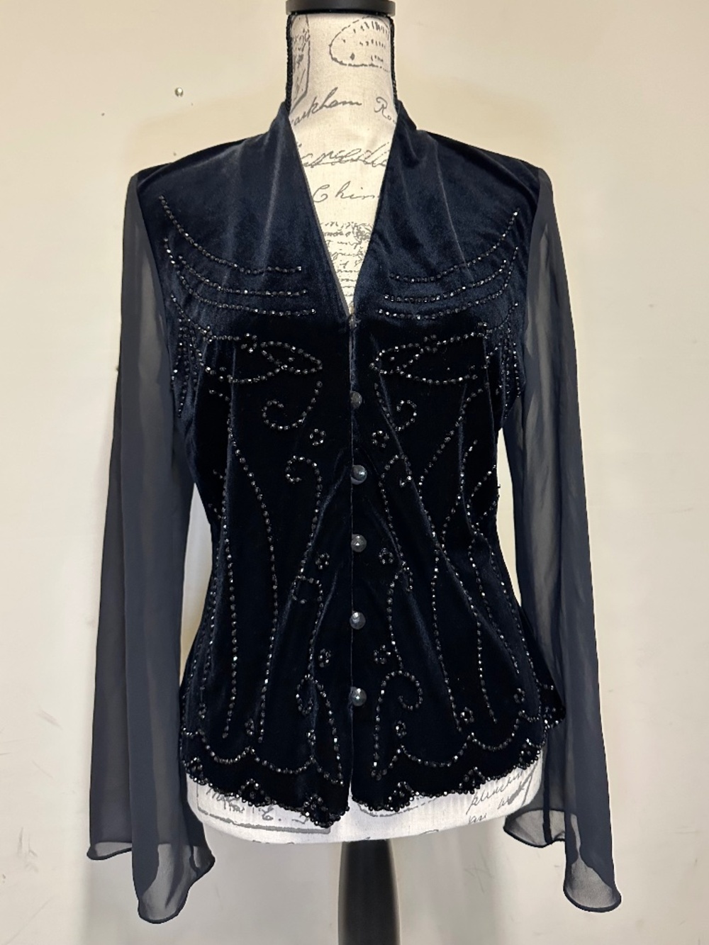 Vintage JR Nites by Carol Lin beaded velvet blouse with sheer bell sleeves sz 10